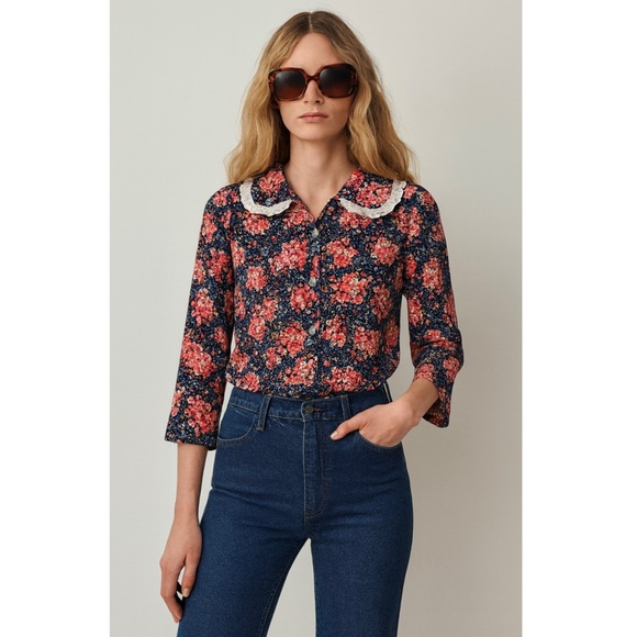 Vintage Tops - VINTAGE‎ 70s Floral Print Lace Trim Collar Button Up Cottagecore Top Large